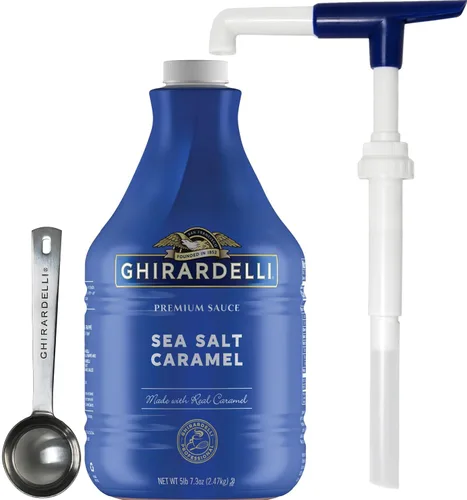 Vista 10 de Ghirardelli Salsa de caramelo, botella de 87.3 onzas (5 libras 7.3 onzas) con cuchara y bomba de barista estampada Ghirardelli