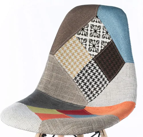 Vista 8 de Silla de comedor moderna de mediados de siglo tapizada de plástico multicolor Patchwork DSW Shell con patas Eiffel de clavija de madera