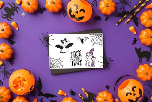 Vista 4 de Sellos transparentes de gato de Halloween para hacer tarjetas o diario de Halloween, calabaza, bruja, araña, lindo gatito, sellos de silicona