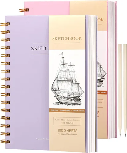 Vista 13 de Yoment Cuaderno de bocetos de 5.5 x 8.5 pulgadas, pequeño cuaderno de bocetos para dibujar, 100 hojas (68 libras/100 gsm) bloc de bocetos en espiral