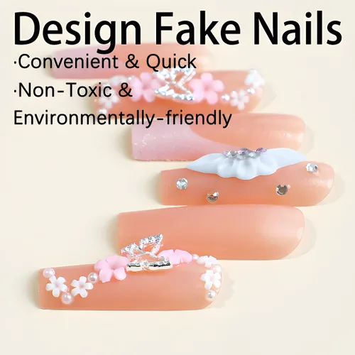 Vista 3 de Uñas postizas a presión de mariposa, uñas postizas largas de punta francesa con diseño de ataúd rosa, diamantes de imitación de flores, pegamento