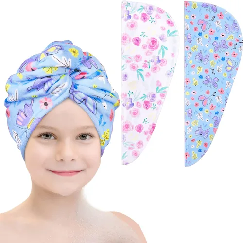 Vista 14 de Basumee Toalla Envolvente de Microfibra para el Cabello para Niños Paquete de 2 Toallas de Cabello de Secado Rápido con Botón Turbantes para Cabello