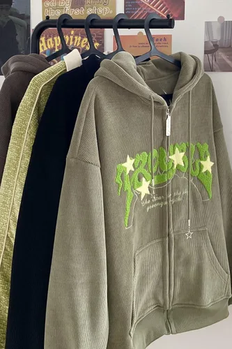Vista 8 de Sumleno Y2K - Sudadera con capucha y cremallera con estampado de letras y estampado de estrellas, grunge, sudadera de pana con capucha de gran