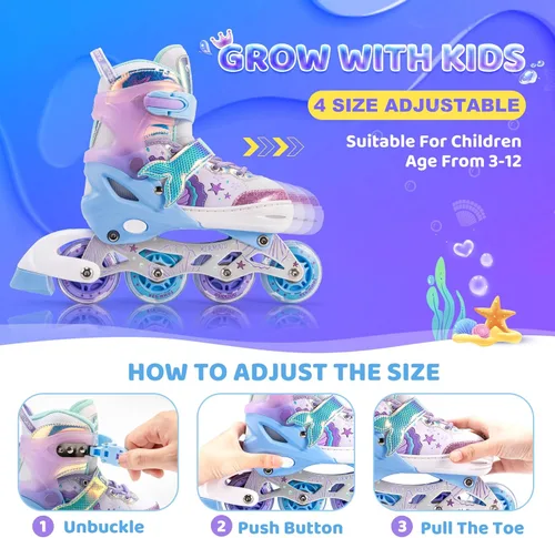 Vista 2 de NEMONE Patines en línea estilo sirena, patines ajustables en 4 tallas para niñas y niños con ruedas iluminadas, para principiantes, uso