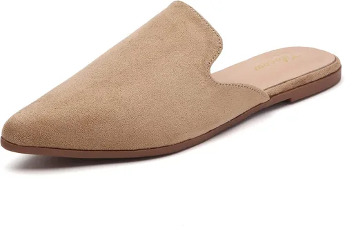 Vista 16 de Tilocow Mules para mujer, cómodos mocasines puntiagudos, sin espalda, planos, zapatos casuales de negocios, deslizantes, sin cordones beige