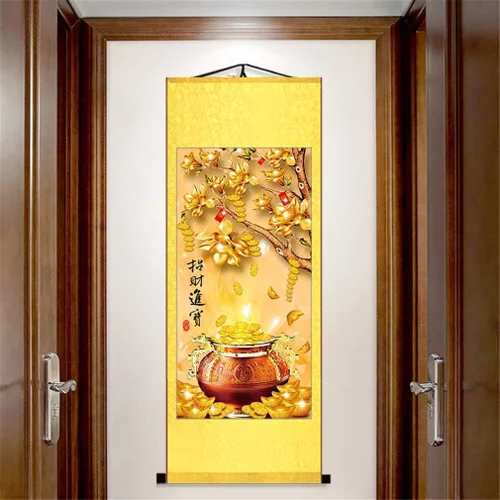 Vista 5 de Zzooi Feng Shui - Arte de pared de árbol del dinero, árbol de monedas, árbol del tesoro, pergamino de seda, póster de seda colgante de fortuna