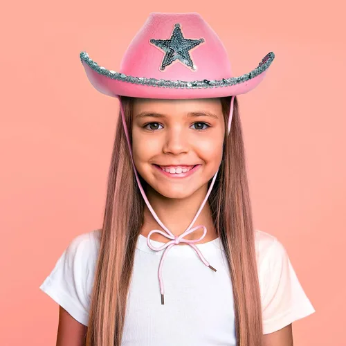 Vista 2 de Zodaca Paquete de 4 sombreros de vaquera, fieltro rosa claro, adulto, 14.5 x 11.5 x 5 pulgadas, juego de 4 sombreros de vaquero rosa para mujer