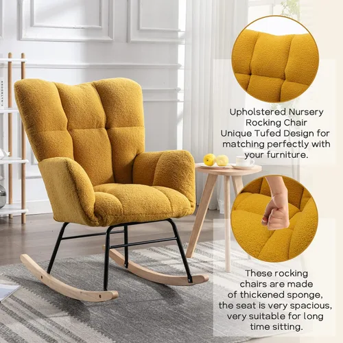 Vista 3 de Silla mecedora moderna para cuarto de bebé, silla deslizadora tapizada con respaldo alto, sillón de acento mecedor con patas de madera maciza