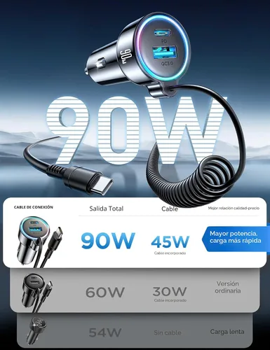 Vista 2 de Cargador de Coche USB C 90W para iPhone 17/16 Pro Max, PD & QC3.0 con Cable Enrollado de 45W de 5 pies, Adaptador de Carga Rápida para Coche