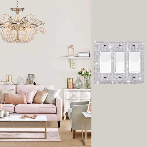 Vista 55 de Placa de pared con diamantes de imitación plateados brillantes plateados, placa de cubierta de interruptor de luz, cubierta de enchufe de grano