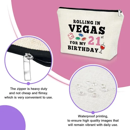 Vista 3 de Sazuwu Bolsa de maquillaje para regalos de cumpleaños número 21 para mujer, Rolling in Vegas para mi cumpleaños número 21