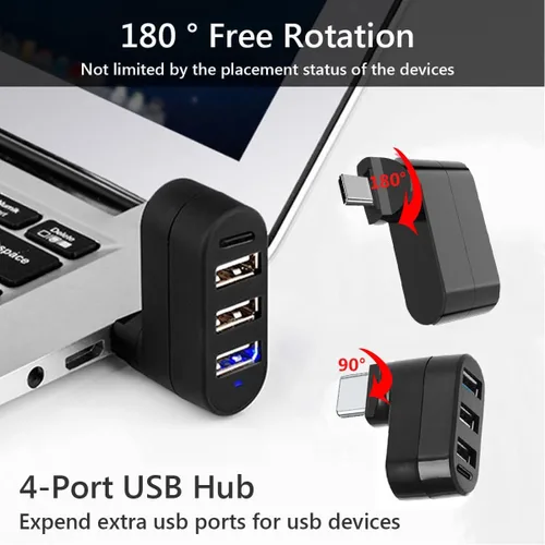 Vista 3 de Hub USB C 3.0 de 4 puertos [giratorio de 90°/180°], divisor tipo C con 3 puertos USB-A y puerto de alimentación de 1 C, extensor USB-C compatible