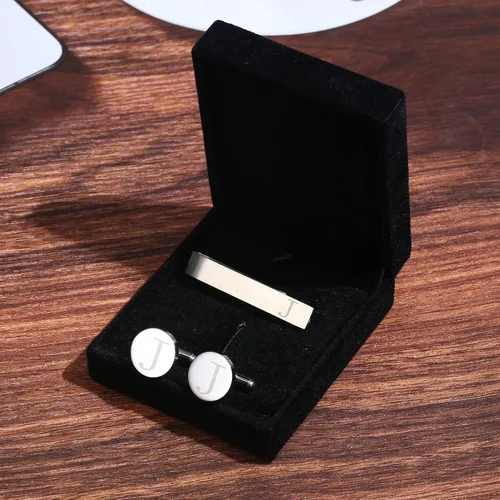 Vista 69 de LOYALLOOK - Gemelos de acero inoxidable grabados con inicial y clip de corbata, diseño de letras del alfabeto con caja de regalo, A-Z
