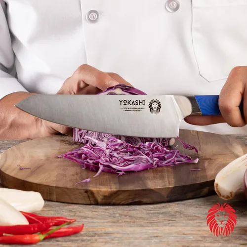 Vista 6 de YOKASHI Excalibur Cuchillo de Chef - Cuchillo de cocina de acero alemán duradero de 8 pulgadas - Cuchillo de cocina afilado para picar, rebanar
