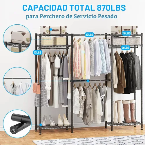 Vista 3 de Homdox Perchero resistente con varillas extensibles para colgar, perchero de metal ajustable para colgar ropa, armario independiente con estantes
