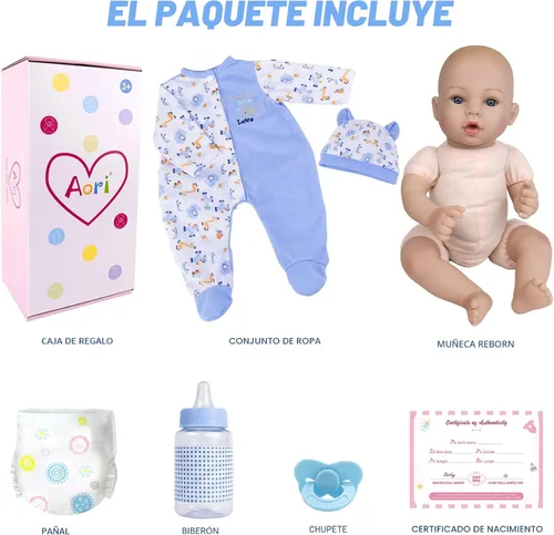 Vista 8 de Aori Reborn Baby Dolls Boy - Muñeca realista de bebé recién nacido de 18'' con juego de alimentación azul y certificado de nacimiento - Cuerpo