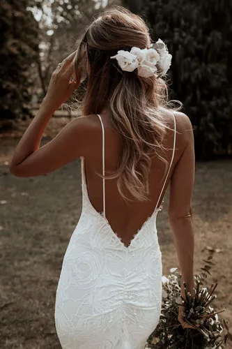 Vista 4 de Tsbridal Vestidos de novia bohemios de sirena vestidos de novia de encaje para playa jardín vestidos de novia color marfil con bolsillo