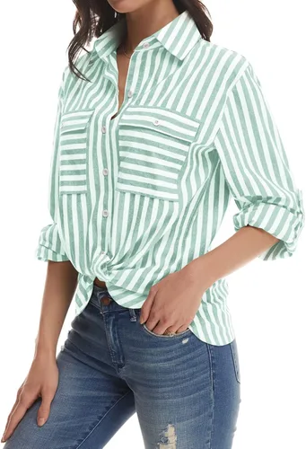 Vista 3 de Yanekop Camisas de popelina a rayas para mujer de manga larga con cuello en V y bolsillos