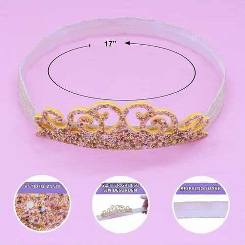 Vista 4 de FROG SAC 4 diademas de tiara con purpurina para niñas, bandas elásticas para el cabello con corona de princesa para niños pequeños, accesorios