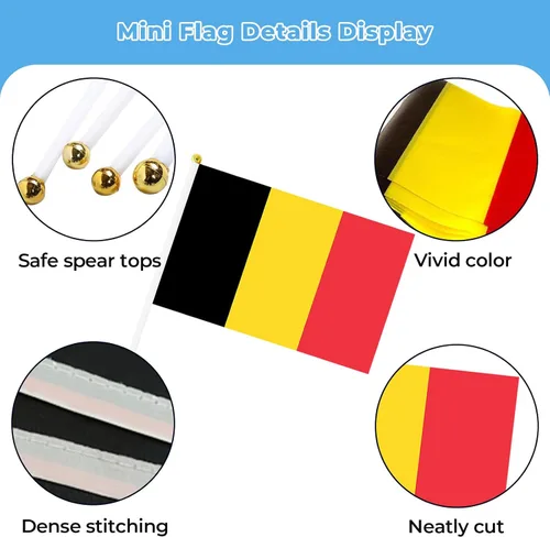 Vista 6 de Bandera de Bélgica, pequeña bandera de Bélgica en palo, ideal para fiestas, desfiles, eventos deportivos, decoraciones de festivales patrióticos