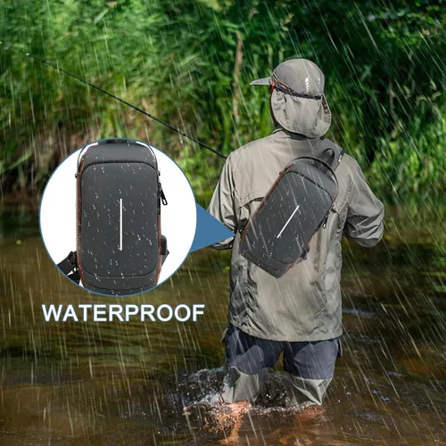 Vista 3 de Bolso bandolera con recarga USB, mochila deportiva impermeable en el pecho, mochila de hombro para viajes y viajes, Negro dorado, Ocio