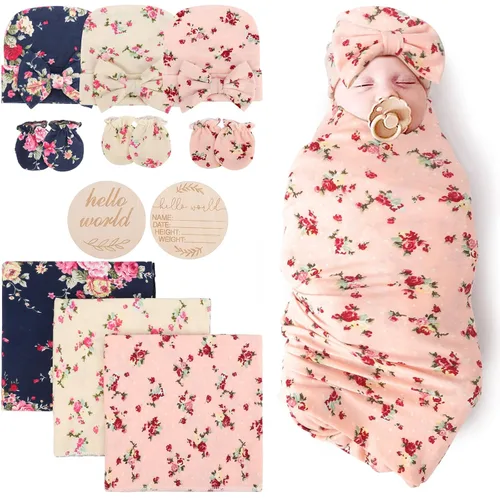 Vista 31 de DRESHOW BQUBO - Conjunto de gorro de algodón para bebé, manta para recién nacido, con orejas de oso, tarjeta de anuncio de nacimiento de madera
