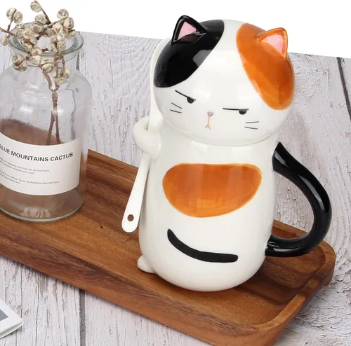 Vista 4 de Taza de café grande y bonita de cerámica con tapa y cuchara, divertida taza de gato para mujeres y damas, tazas de café Kawaii 3D únicas de gato