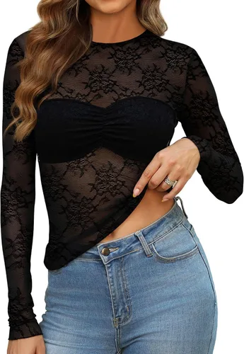 Vista 29 de OFEEFAN - Blusas de malla para mujer con manga larga y encaje, camisetas de cuello redondo ajustadas y transparentes Champán