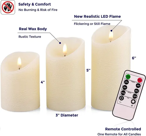 Vista 2 de VENTA Juego de 3 velas de pilar de marfil cálido Velas de cera real operadas por baterías con llama parpadeante Decoración atemporal para todo