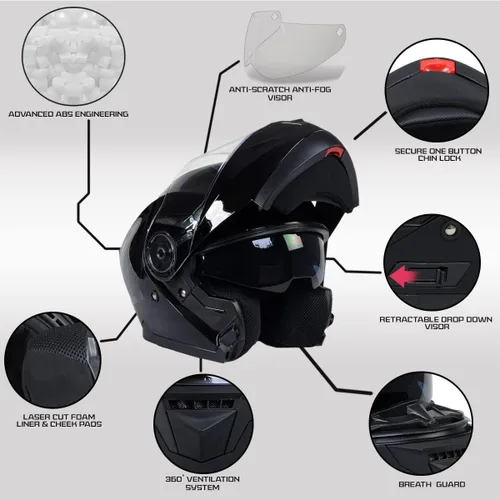 Vista 2 de Milwaukee Helmets MPH9815DOT Breeze - Casco modular de motocicleta avanzado negro brillante con visera desplegable