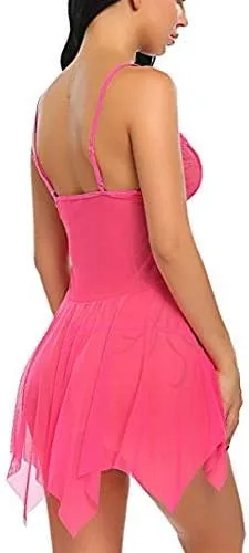 Vista 2 de Lencería para mujer con cierre frontal de encaje, camisón de malla (sin relleno), color rosa