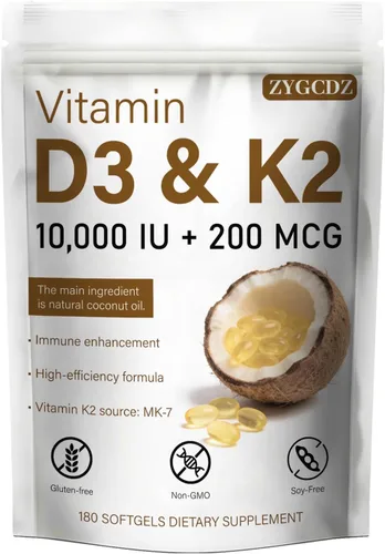 Vista 6 de Vitamina D3 10000 UI con cápsulas blandas K2 MK-7 de 200 mcg, 180 unidades Apoya la salud ósea, cardíaca e inmunológica Absorción mejorada