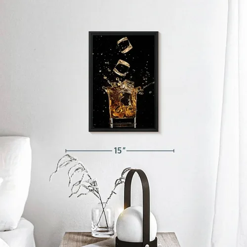Vista 6 de ElephantStock - Arte de pared con salpicaduras de hielo de whisky - Lienzo enmarcado flotante vertical - Decoración de pared de comedor - Arte