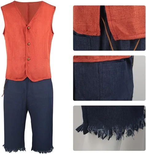 Vista 5 de Luffy - Conjunto completo de disfraz de cosplay con sombrero para fiesta de Halloween
