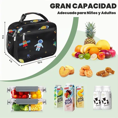 Vista 2 de Lonchera para niños y niñas, bolsa de almuerzo aislada y duradera, lonchera para niños con astronauta para la escuela