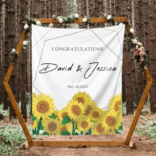 Vista 11 de Telón de fondo de boda personalizado, tapiz de felicitaciones de flores coloridas personalizado con nombres y fecha, pancarta de boda personalizada