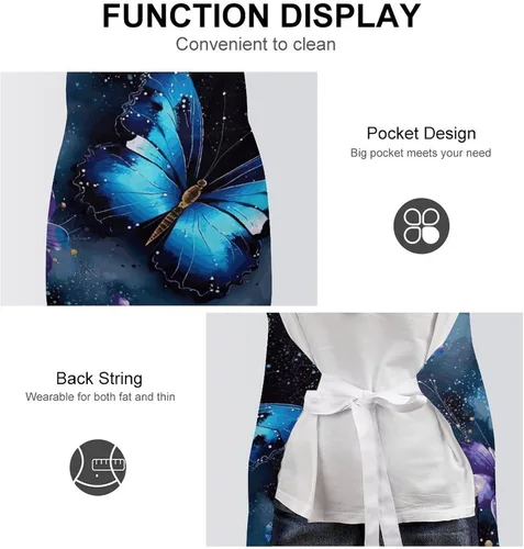Vista 6 de Personalized Galaxy Blue Butterfly Adult Apron, Kitchen Cooking Aprons for Woman Man, Adjustable Bib Apron with Pocket for Baking, BBQ Crafting