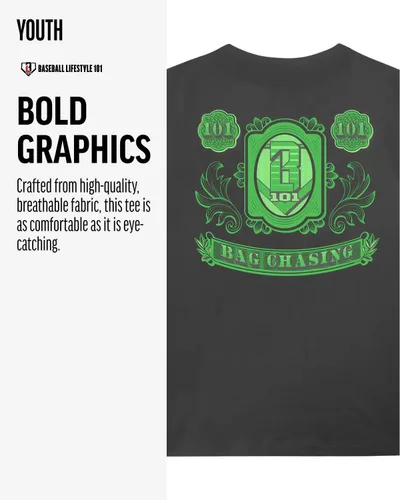 Vista 5 de Baseball Lifestyle 101 Bag Chaser Youth Tee for Boys, Soft 60/40 Blend, Breathable, Side-Seamed, Sizes Youth S-XL