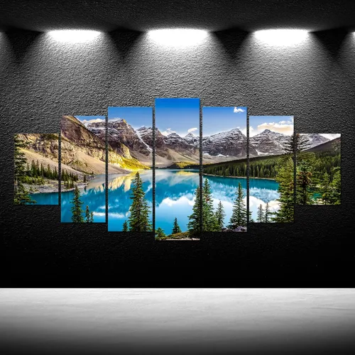 Vista 2 de Enorme lienzo de 7 piezas de arte para pared, vista del lago Moraine y cordillera al atardecer en las montañas rocosas canadienses, arte moderno