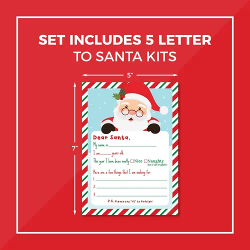 Vista 4 de Pink Pixie Studio Kit de escritura de lista de deseos de Navidad de Carta a Santa - Paquete de 5 tarjetas en blanco de 5 x 7 con sobres rojos
