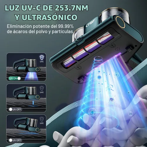 Vista 3 de CFBF Aspirador de cama de colchón con succión de 16Kpa y luz UV-C de Cian Oscuro
