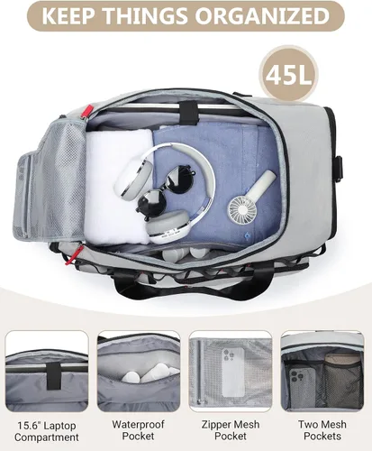 Vista 5 de MCBD Bolsas de gimnasio para hombres y mujeres, mochila deportiva de viaje de 45 litros con zapatos y compartimento para laptop, bolsa de transporte