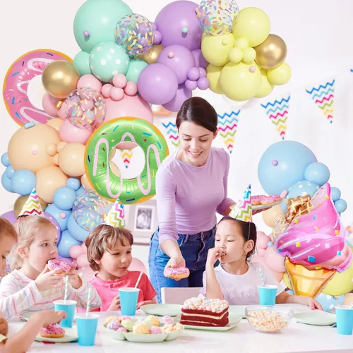 Vista 5 de Kit de guirnalda de arco de globos de dona pastel, 162 piezas de dona dos dulces uno, suministros de fiesta de cumpleaños, confeti pastel, confeti