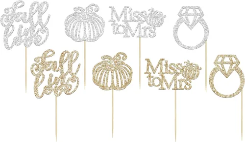 Vista 7 de Gyufise 24 decoraciones para cupcakes de otoño con texto en inglés "Miss to Mrs Cupcake Topper Champage Gold Fall Pumpkin Bride Shower Cake Toppers