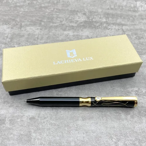 Vista 3 de LACHIEVA LUX Bolígrafo de metal ejecutivo de cristal negro elegante con recambios P900M hechos en Alemania, instrumentos de escritura de lujo y alta