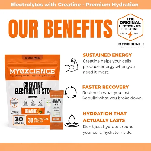 Vista 4 de MYOXCIENCE Electrolyte STIX Polvo de electrolito de creatina Recuperación del ejercicio y el desarrollo muscular con sal real