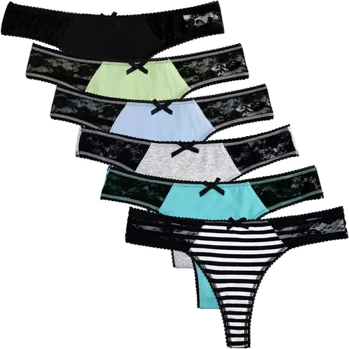 Vista 2 de ADOVAKKER Tanga sexy de algodón para mujer con encaje en T en la espalda, paquete de 6, multicolor