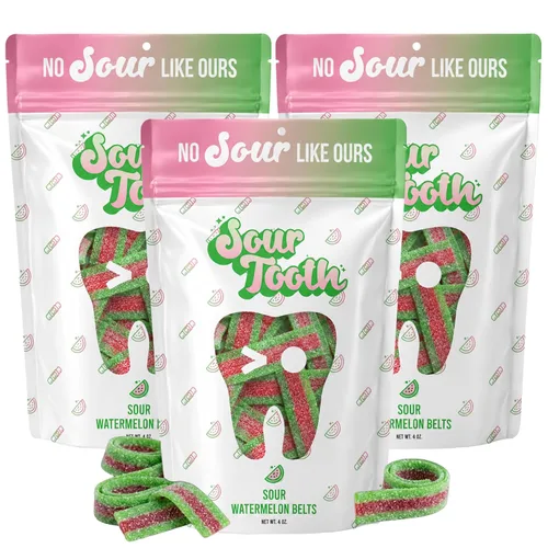 Vista 11 de Sour Tooth Cinturones de fresa, tiras de caramelo de gomitas ácidas masticables, paquete de 6, 4 onzas Soft & Chewy Strips, Sour Candy Bulk, Bulk