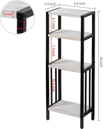 Vista 2 de MyGift Estante de pie de 4 niveles de madera maciza lavada de color blanco desgastado y metal negro mate, estante decorativo rectangular