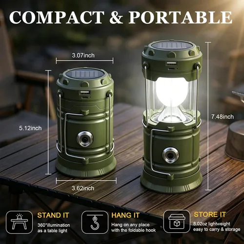 Vista 7 de DIBMS Linterna solar para camping, linterna LED plegable luces de emergencia (moderno, verde militar) LED Solar USB Rechargeable Lamp Tent Hanging